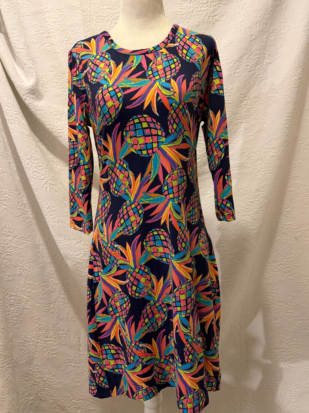 Lulu-B Pineapple Vaca 3/4 Sleeve UPF 50 Travel Dress Navy Tropical Size